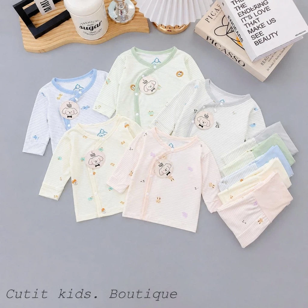 BD13. Bộ Sơ Sinh Dài Tay Cạp Cao Cutit Họa Tiết Kẻ Ngang Vải Petit Mềm Mịn Mỏng Mát Cho Bé 3-9kg