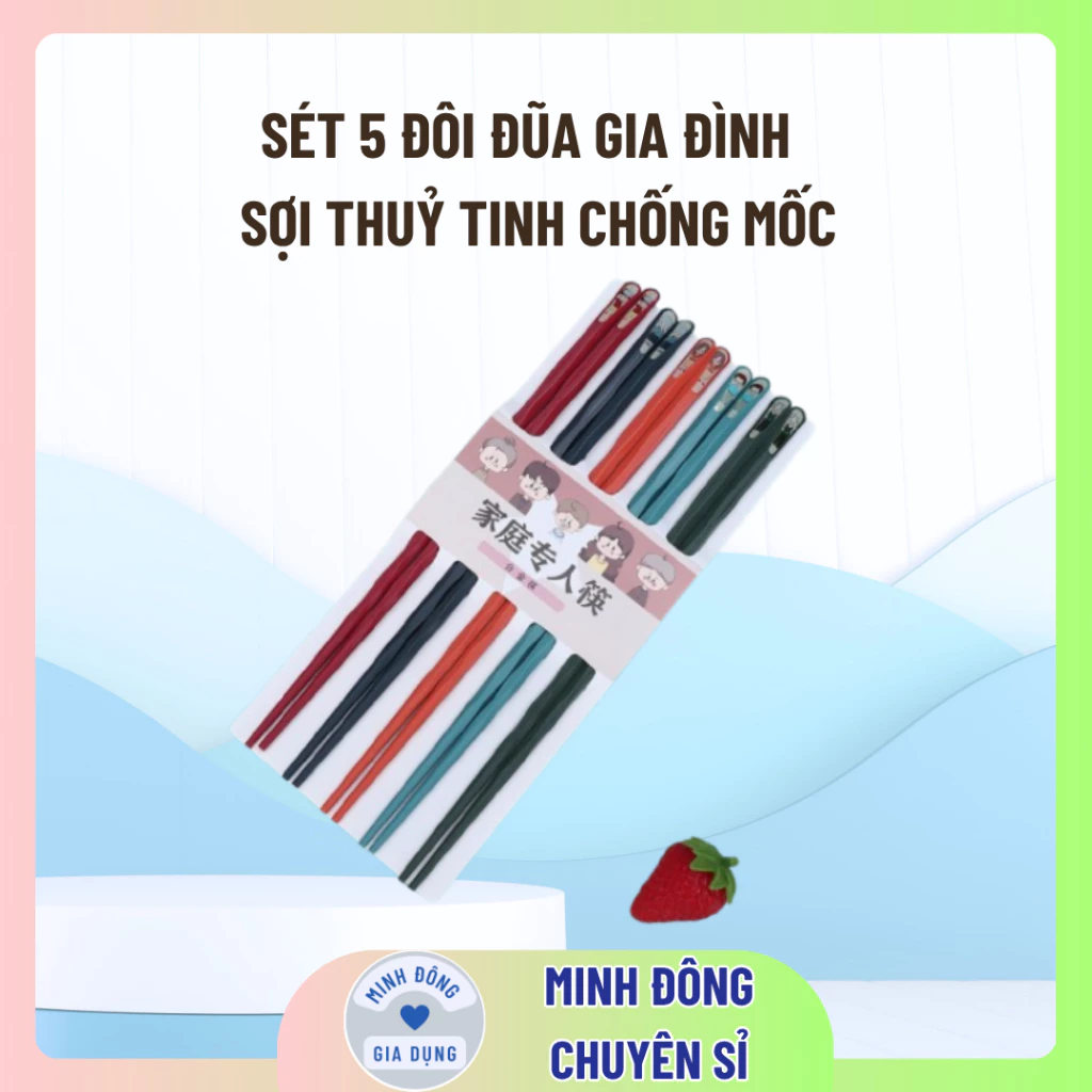 Đũa ăn cơm, Sét 5 đôi đũa gia đình bằng sợi thuỷ tinh chống mốc, chống trơn trượt cao cấp phong cách Nhật