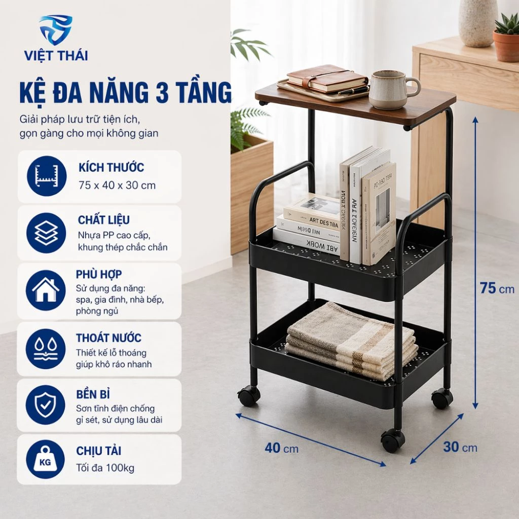 Kệ Để Đồ Đa Năng 3 Tầng 4 Tầng Mặt Gỗ MDF Khung Thép Có Bánh Xe Xoay 360 Độ Chịu Lực Cao