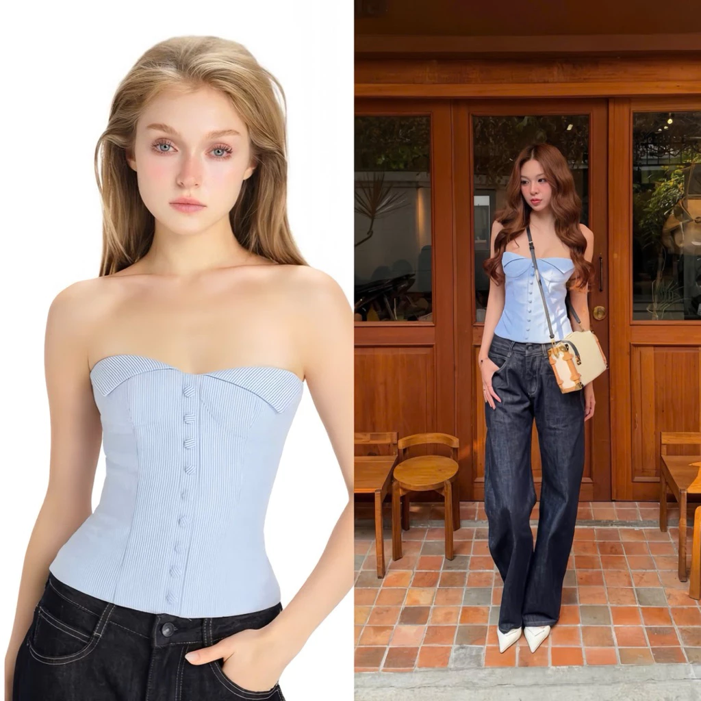 Baby Blue Striped Tube Top – Áo Cúp Ngực Không Dây Sọc Xanh Nhạt Cài Khuy Dáng Ôm Nữ