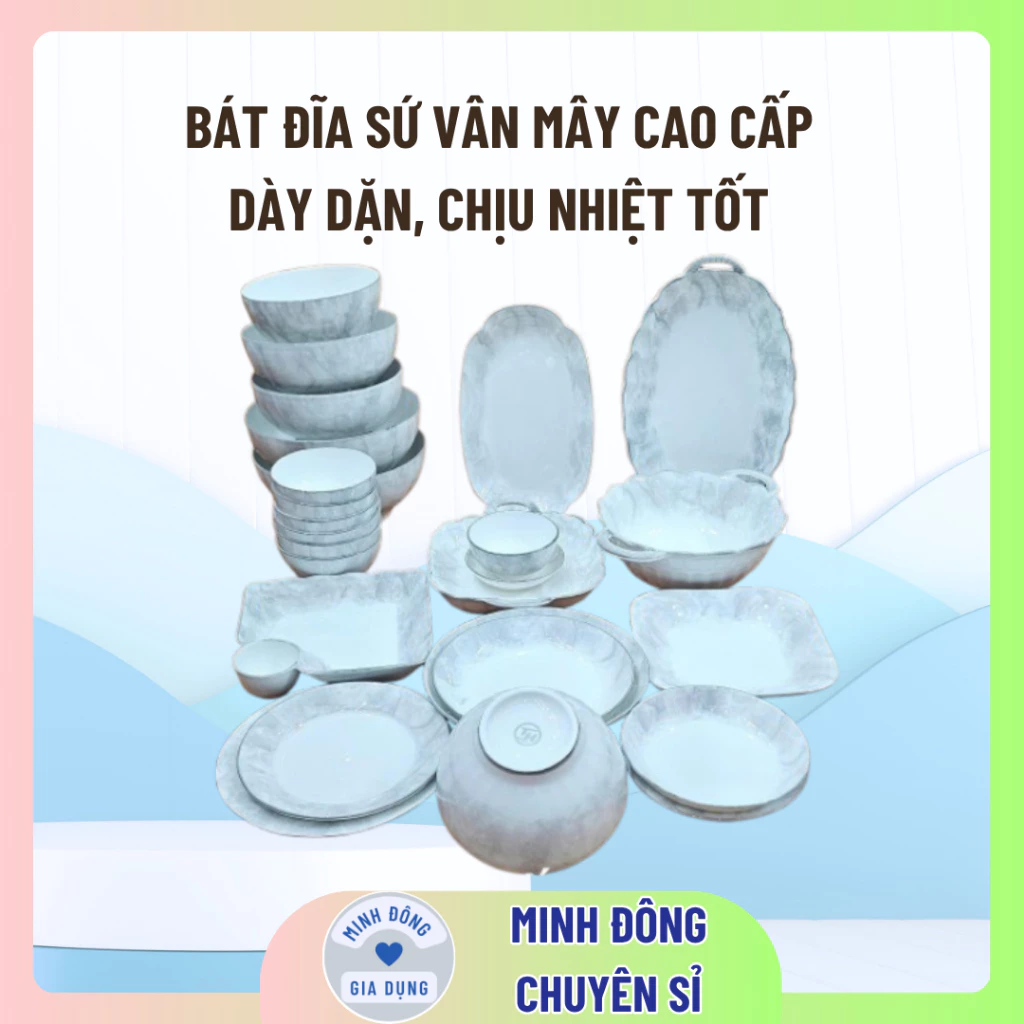 Bát Đĩa Sứ Vân Mây Cao Cấp – Bán Lẻ Từng Món | Sứ Trắng Phủ Men Bóng, Chịu Nhiệt, Dùng Được Lò Vi Sóng & Máy Rửa Bát