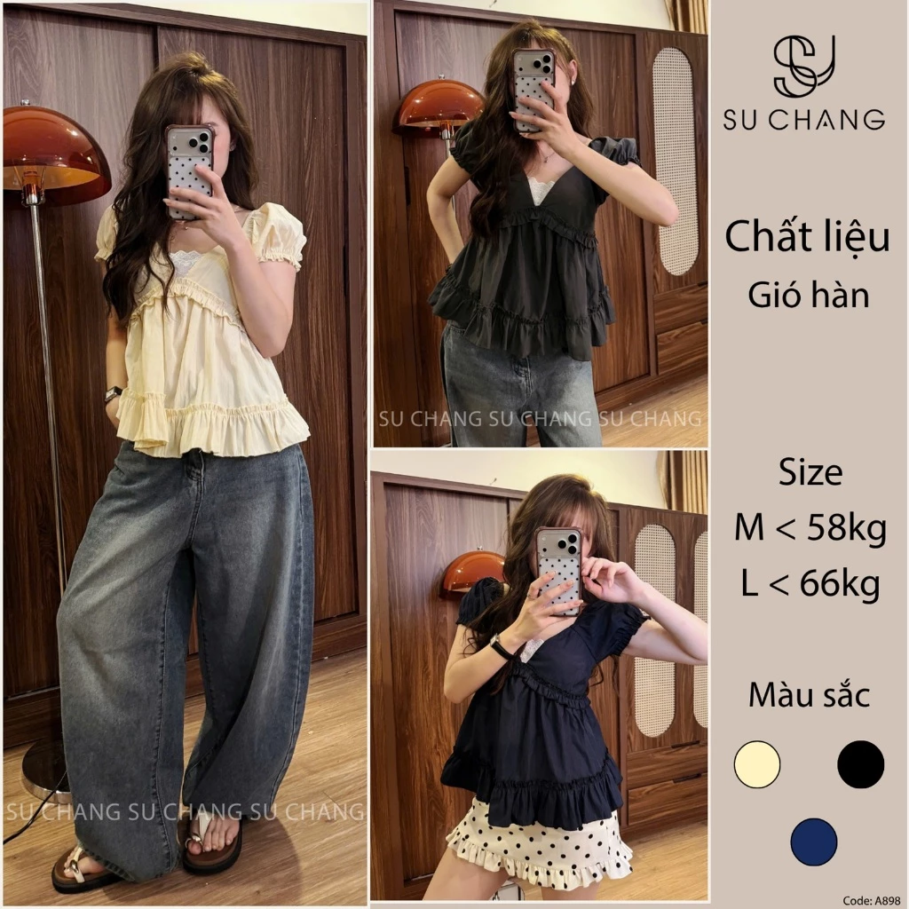 Áo Babydoll Viền Bèo Cổ V Phối Ren Cộc Tay Chun Lưng M4404 KENCO Thời Trang Nữ
