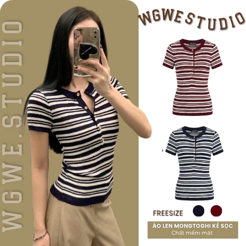 WGWE Áo Len Nữ Tay Ngắn Form Ôm – Áo Thun Len Body 8288 Kẻ Sọc Ngang Co Giãn Tôn Dáng Hàn Quốc