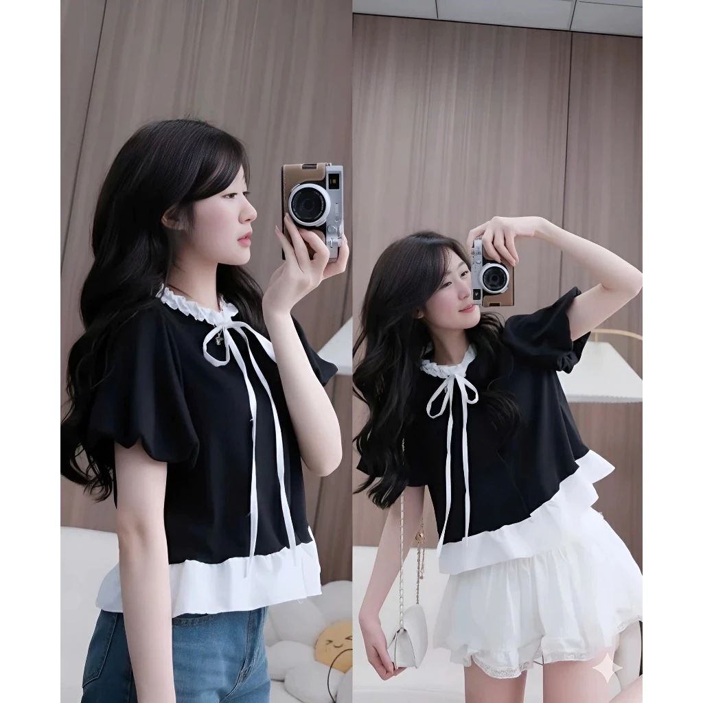 ÁO SƠ MI VẢI THÔ MÂY PHỐI CỔ BÈO NƠ BUỘC TAY CÚC DỌC ,ÁO KIỂU BABYDOLL DỄ THƯƠNG