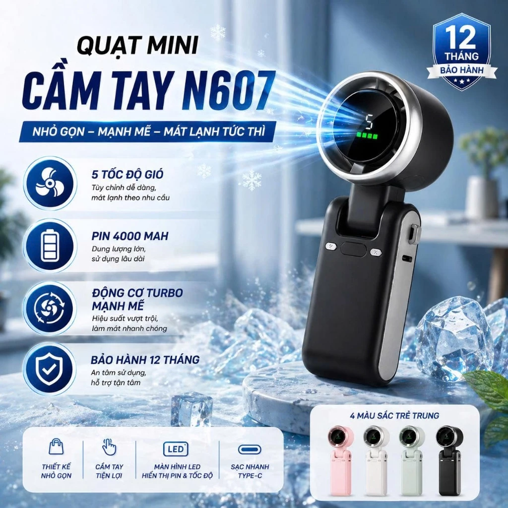 Quạt Cầm Tay Mini Turbo N607 - Quạt Tích Điện Cầm Tay Có 5 Cấp Độ Gió, Làm Mát Cực Nhanh, Hoạt Động Mạnh Mẽ, Bền Bỉ