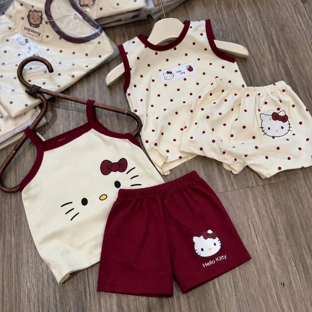 [7-18kg] Bộ cộc tay mùa hè cho bé gái đáng yêu chất liệu cotton mềm mại, thoáng mát mẫu DÂU TÂY (LƯU Ý: quần màu đỏ giặt