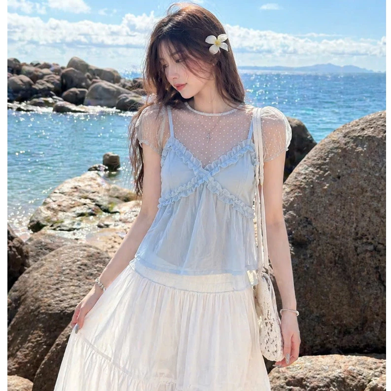 Áo Ren Lưới Trong Suốt Họa Tiết Chấm Bi Tay Phồng Gợi Cảm Dáng Croptop Dễ Phối Đồ Đi Biển Đi Chơi Co Giãn Thoáng Khí