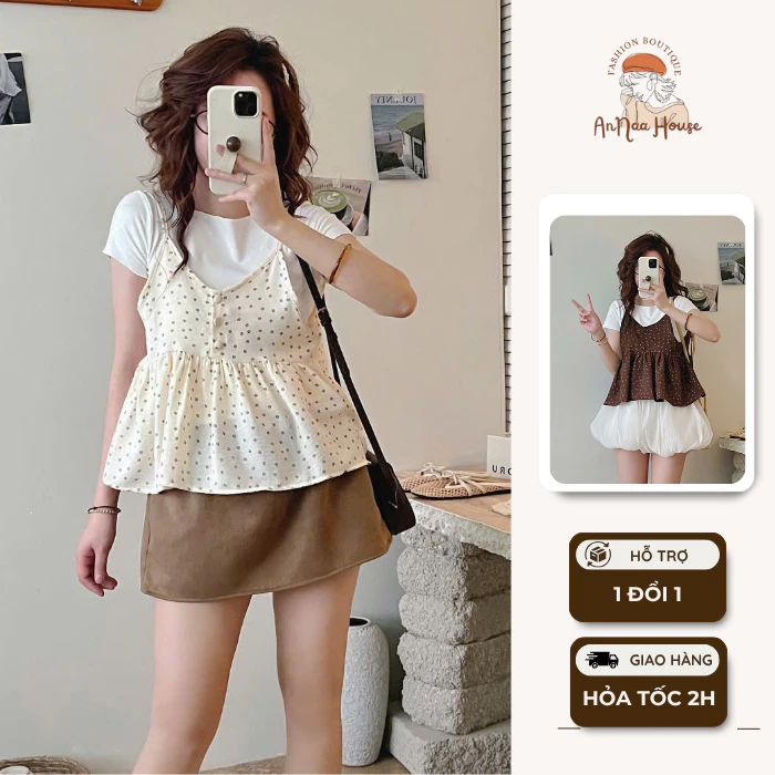 Set áo yếm họa tiết hoa nhí kèm áo thun viền sun dễ phối đồ đi làm đi chơi phong cách tiểu thư
