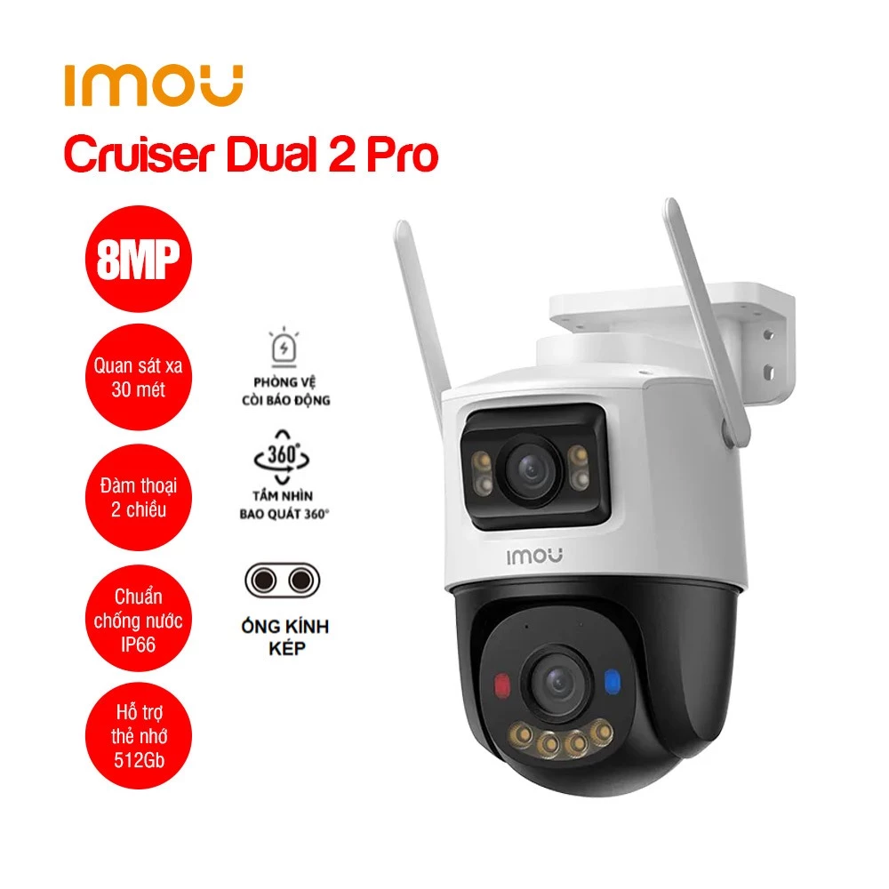Camera 2 mắt  8MP IMOU Cruiser Dual 2 Pro (IPC-S7XFP-8U0WED) Công nghệ AURORA nhìn ban đêm có màu