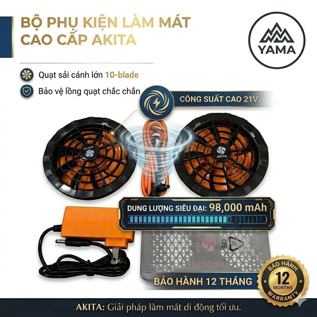 Bộ Phụ Kiện Áo Điều Hòa AKITA Nhật Bản , PIN 98.000mAh Quạt 21V Chạy Siêu Khỏe, Chống Nước