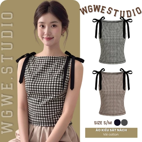 WGWE Studio Áo Kiểu Sát Nách Nơ Vai – Áo Kiểu Ôm Nhẹ, Nữ Tính Dịu Dàng 9017