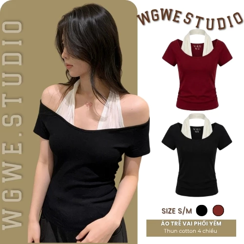 WGWE Studio Áo Thun Trễ Vai Nữ Phối Yếm Ôm Body – Áo Kiểu Hàn Quốc Gợi Cảm Tôn Dáng 9140