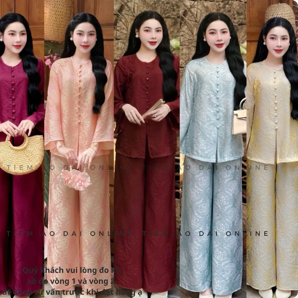 PP01 Set Pháp Phục Bà Ba Ánh Kim Form Suông- Đò Đi Chùa Tằm Óng Thọ Dơi Cúc Bọc