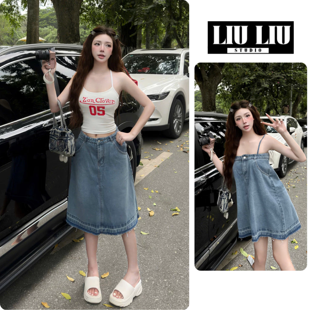 Váy jean 2 dây nữ LIULIU STUDIO L28 - Váy mặc 2 kiểu dáng suông che bụng tua lai cá tính dễ phối đồ