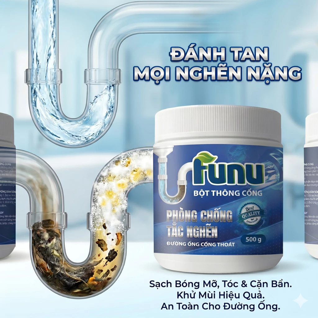 Thông Cống Funu 500gr Xử Lý Tắc Nghẽn, Vệ Sinh Đường Ống, Xử Lý Mùi Hôi, An Toàn Cho Mọi Đường Ống