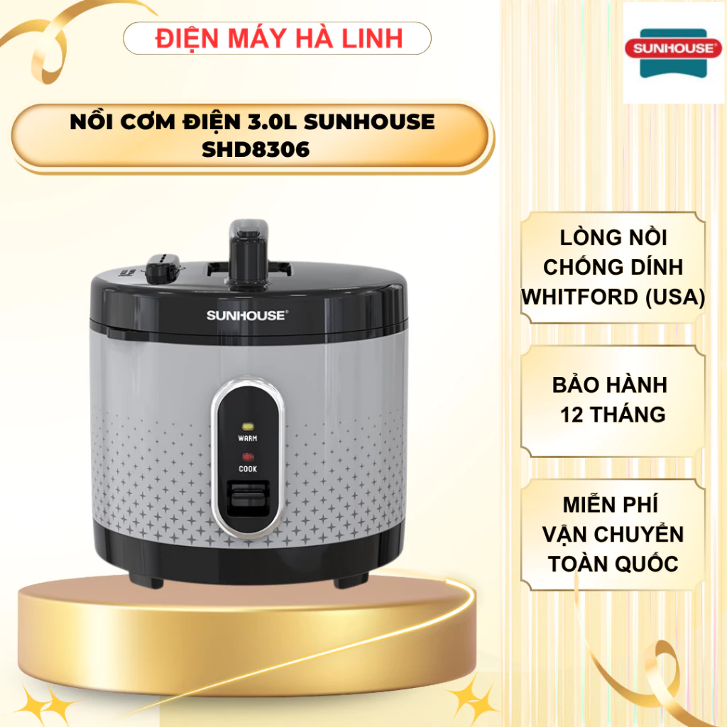 Nồi cơm điện Sunhouse SHD8306, Công suất 900W, Dung tích 3 lít, Bảo hành 12 tháng