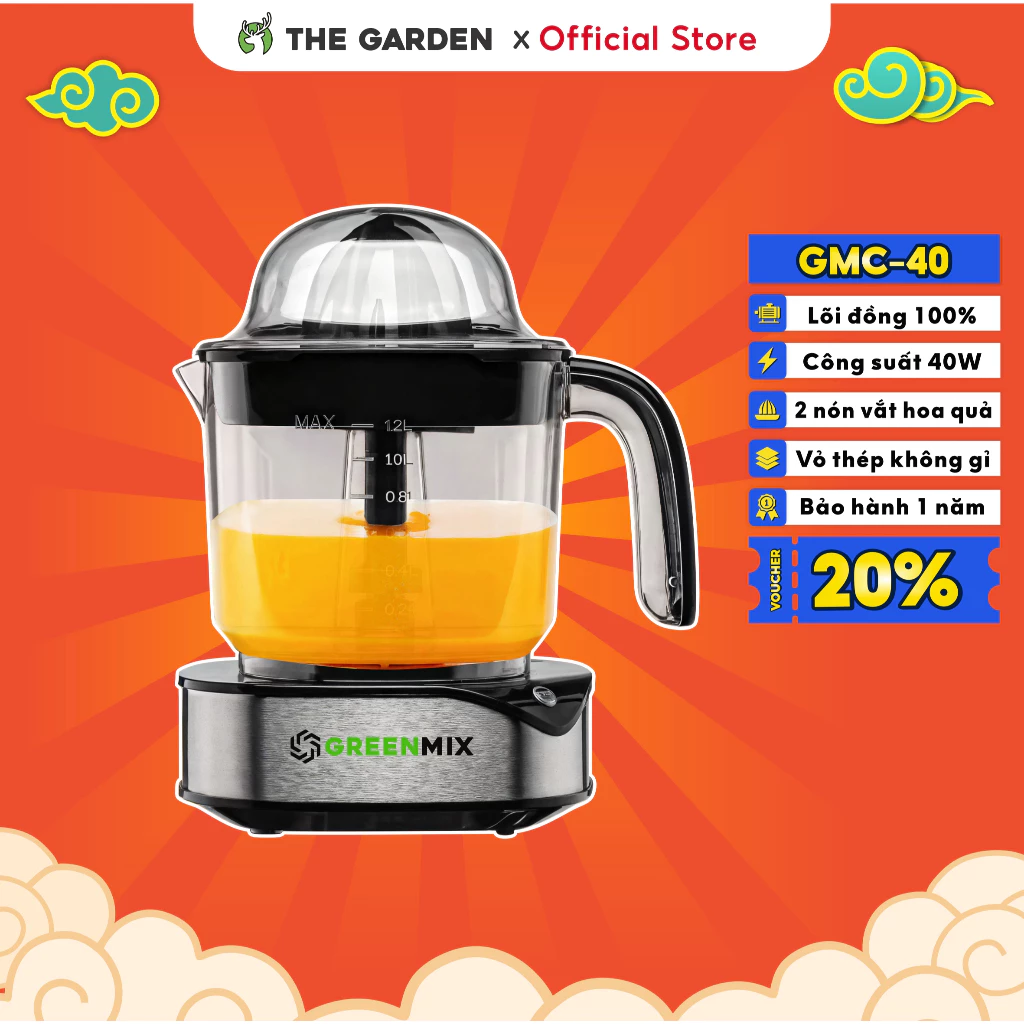 Máy Vắt Cam THE GARDEN x GREENMIX – Dung tích lớn 1.2L, Có Hai Đầu Vắt Lớn – Nhỏ, Công Suất 40W, Vắt Kiệt Nước