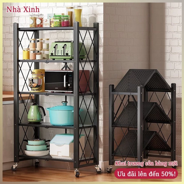 Kệ bếp hợp kim không lắp ráp, gấp gọn nhiều tầng có bánh xe, dung tích lớn, tiết kiệm không gian đa dụng cho gia đình