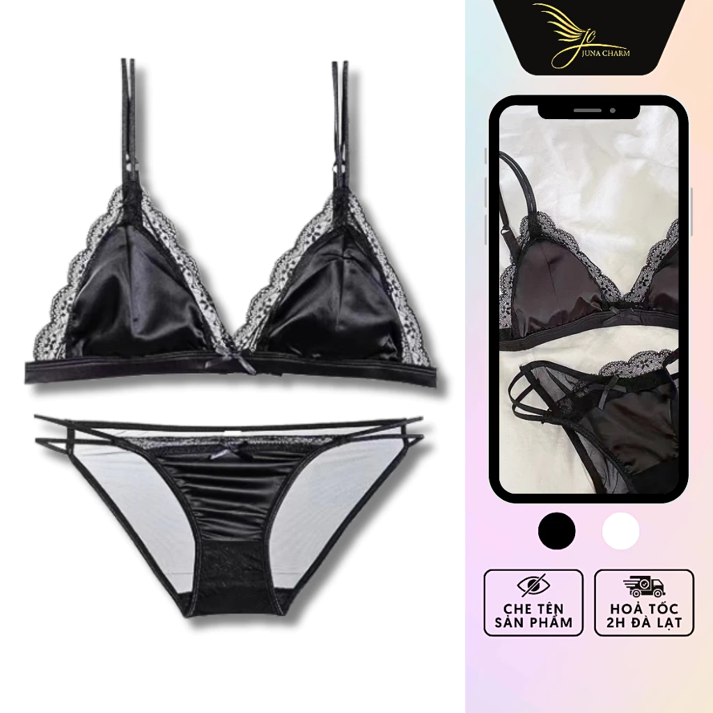 Bộ Đồ Lót Không Mút, Không Gọng JUNA Size 34/75 Thời Trang Đồ Lót Dành Cho Nữ, Chất Lụa Phối Ren Voan, Màu Đen/SP2228