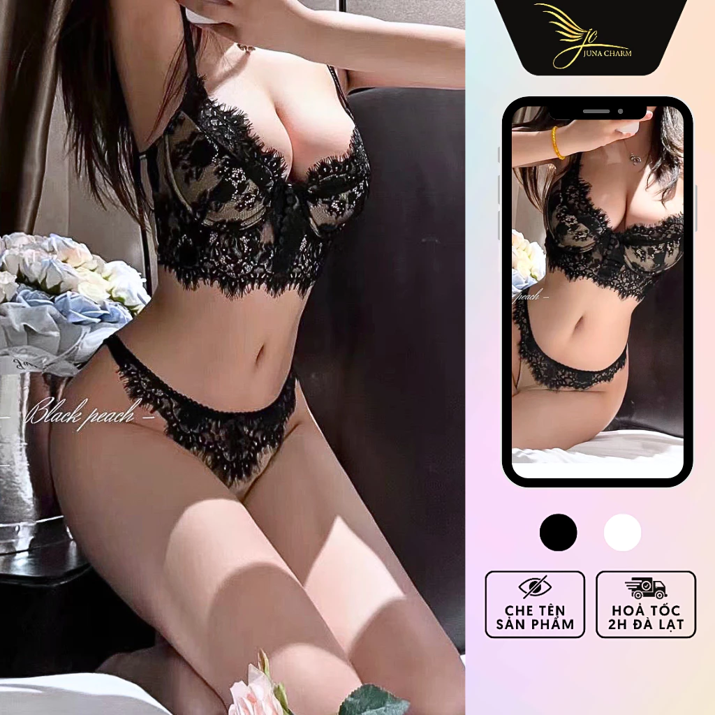 Bộ Đồ Lót Ren Dáng Corset Không Mút, Có Gọng Nâng Ngực Sexy JUNA Size 36/80 Thời Trang Đồ Lót Dành Cho Nữ Màu Đen/SP2228