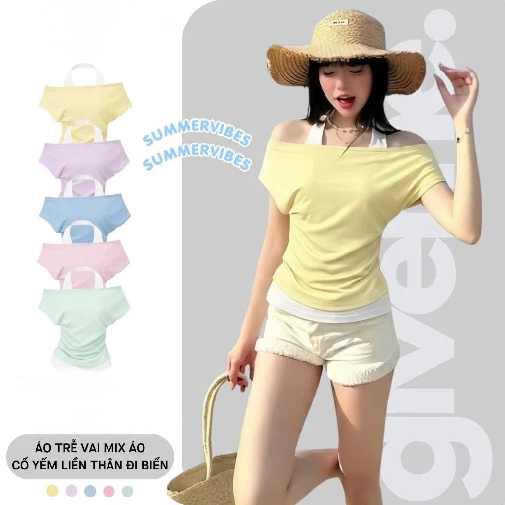 Áo Trễ Vai Kiểu Nữ Dáng Nhún Eo Mix Áo Cổ Yếm Liền Thân Phù Hợp Mùa Hè Đi Chơi, Du Lịch Mát Mẻ Hottrend
