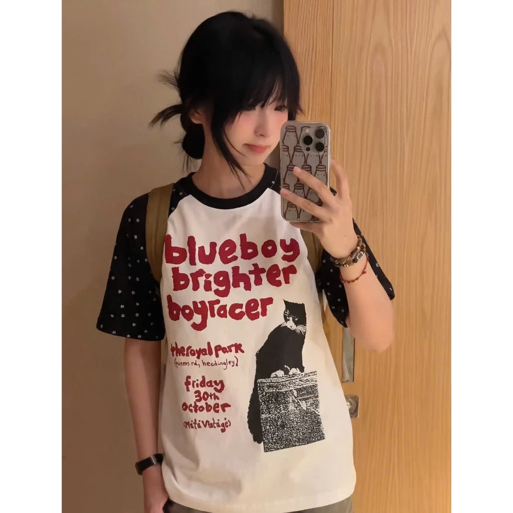 Áo Thun Boxy Cổ Tròn Raglang Blue Bow ,Áo Phông Form Fit Phối Tay Chấm Bi Chất Cotton Thoáng Mát