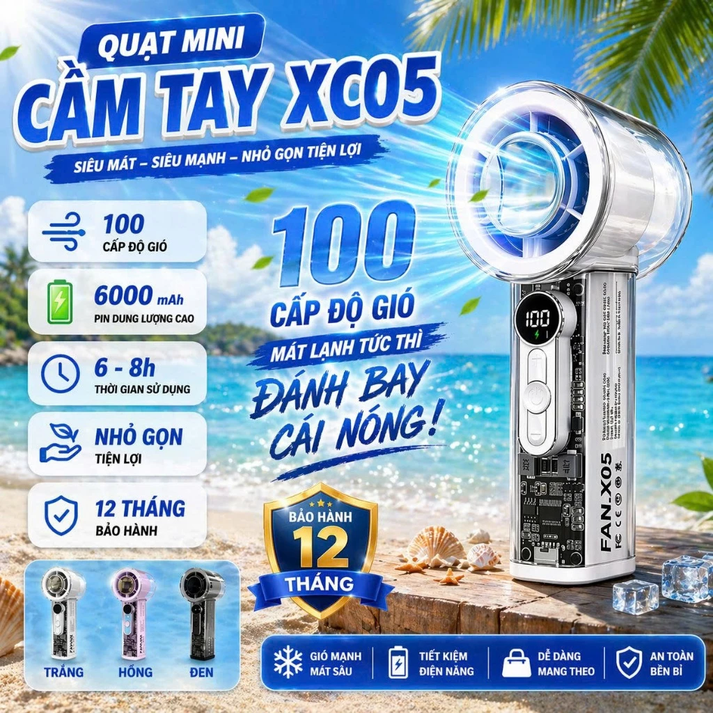 Quạt Tích Điện Mini, Quạt Cầm Tay Mini XC05 Có 100 Cấp Độ Gió, Làm Mát Cực Nhanh, Hoạt Động Mạnh Mẽ, Thiết Kế Nhỏ Gọn