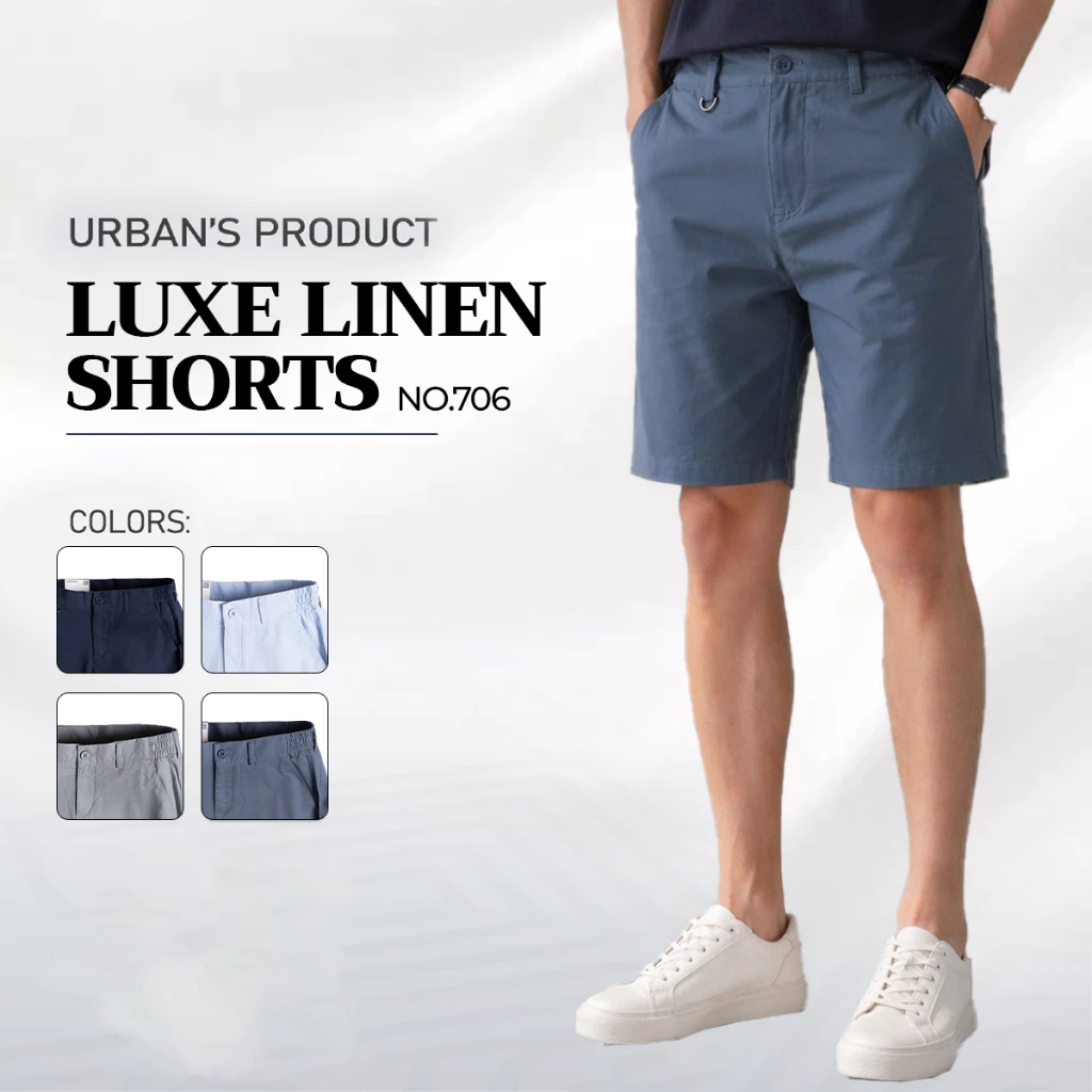 Quần short LINEN nam URBAN cạp chun thoáng mát, siêu nhẹ form regular fit dài ngang gối NO.706