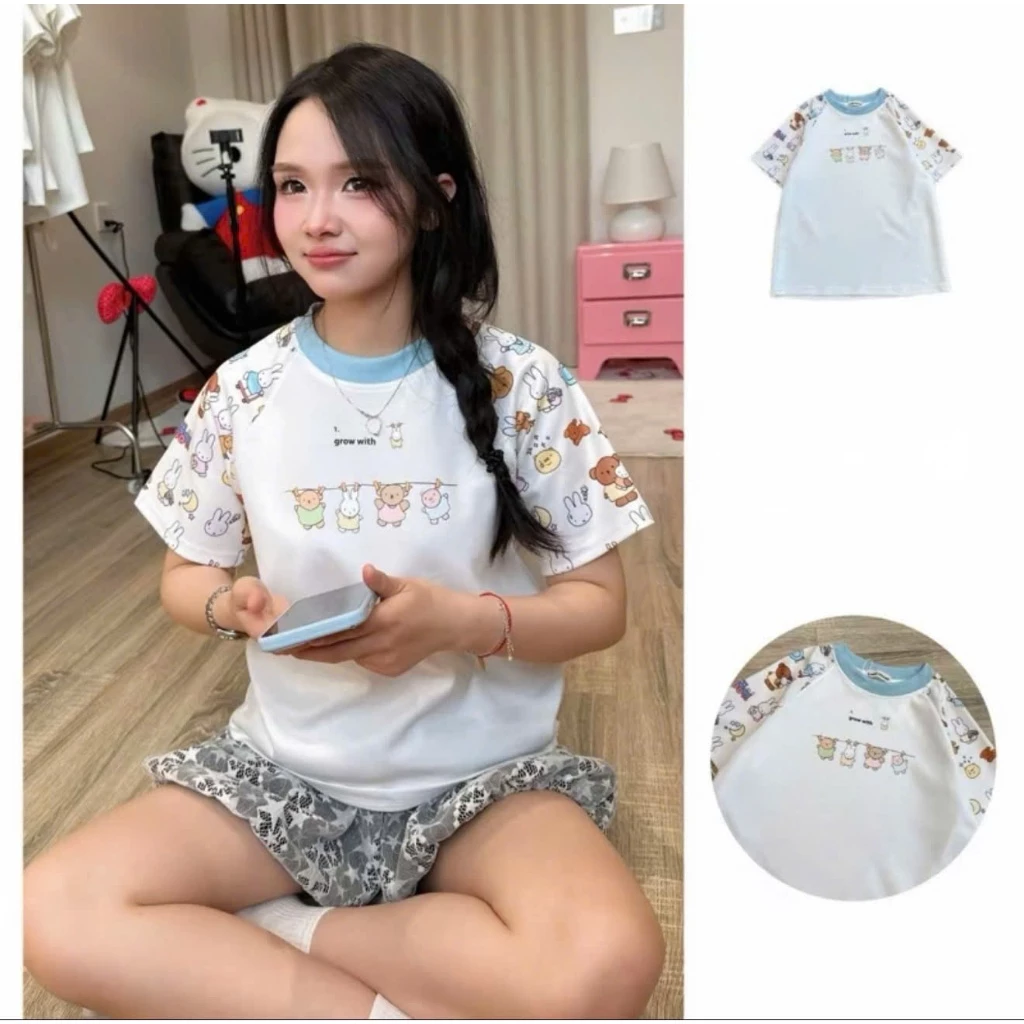 Áo Babytee Nữ Raglan Phối Màu Đen Borip, Áo Thun Cổ Tròn Tay Ngắn In Hình Hoạt Hình Dễ Thương Phong Cách Hàn