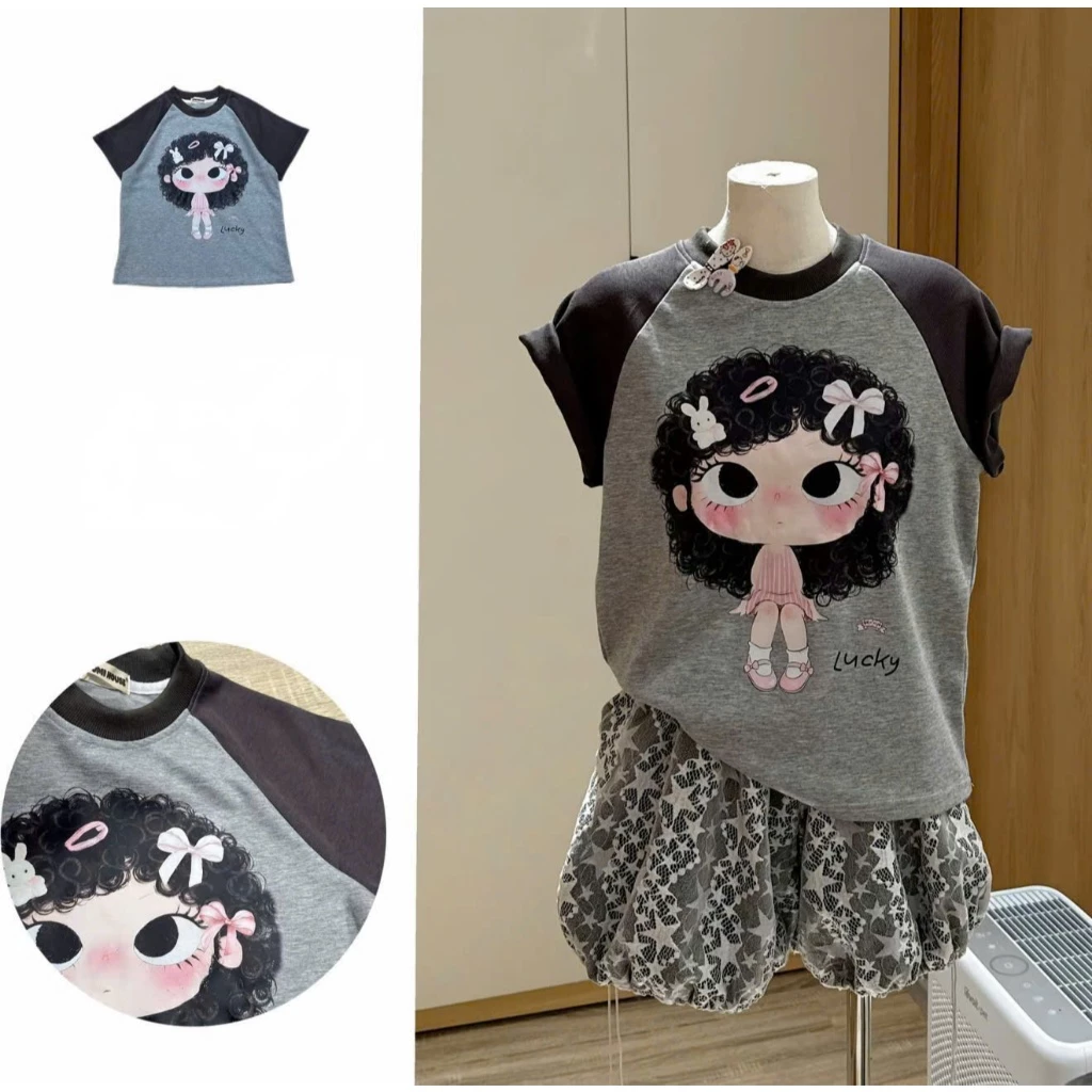 Áo Babytee Nữ Tay Ngắn Raglan Phối Màu, Áo Thun Cổ Tròn In Hình Cô Gái Tóc Xù Dễ Thương Phong Cách Hàn