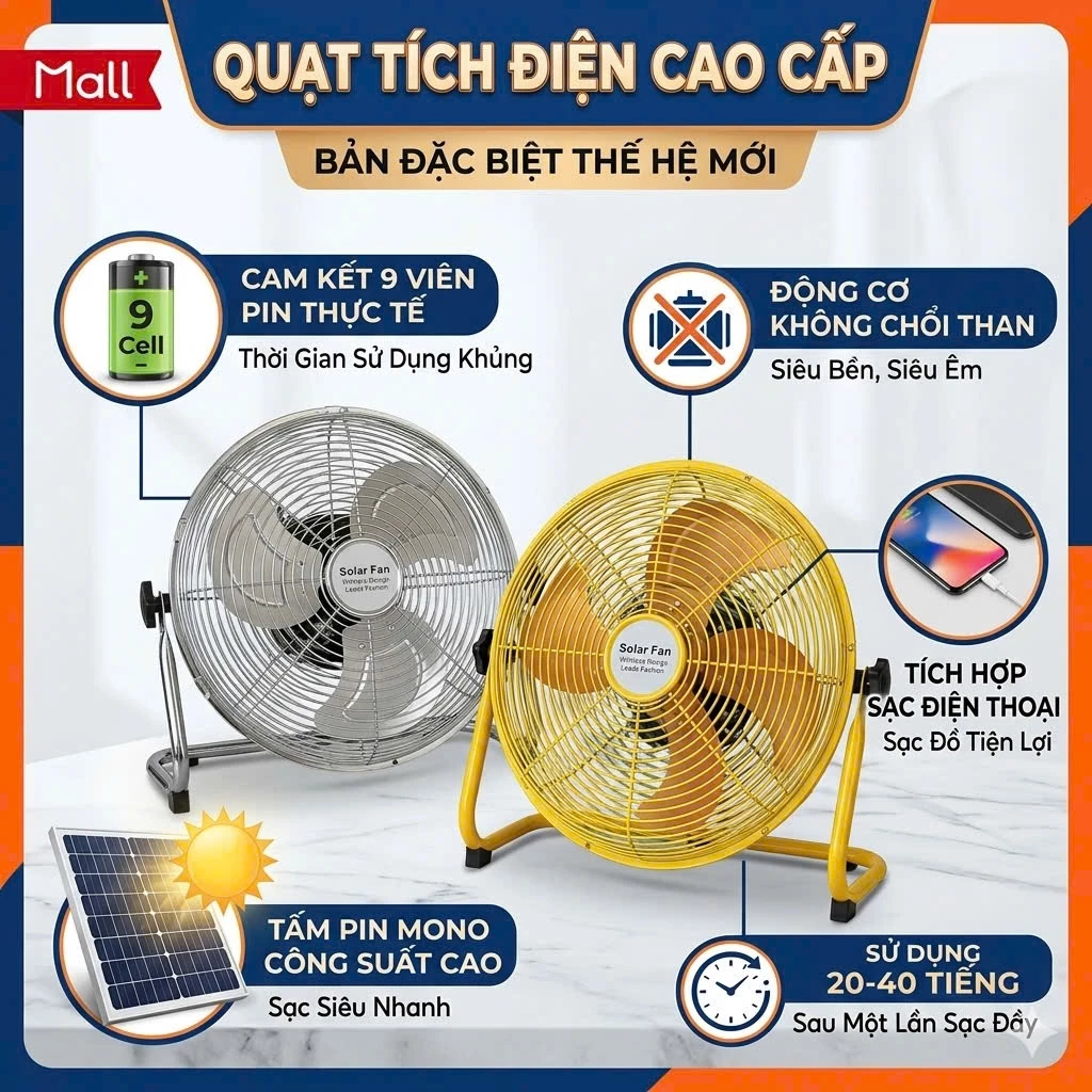 Quạt năng lượng mặt trời PVL,quạt tích điện 20 - 40 tiếng,  9 PIN Lớn, sạc điện thoại,động cơ không chổi than