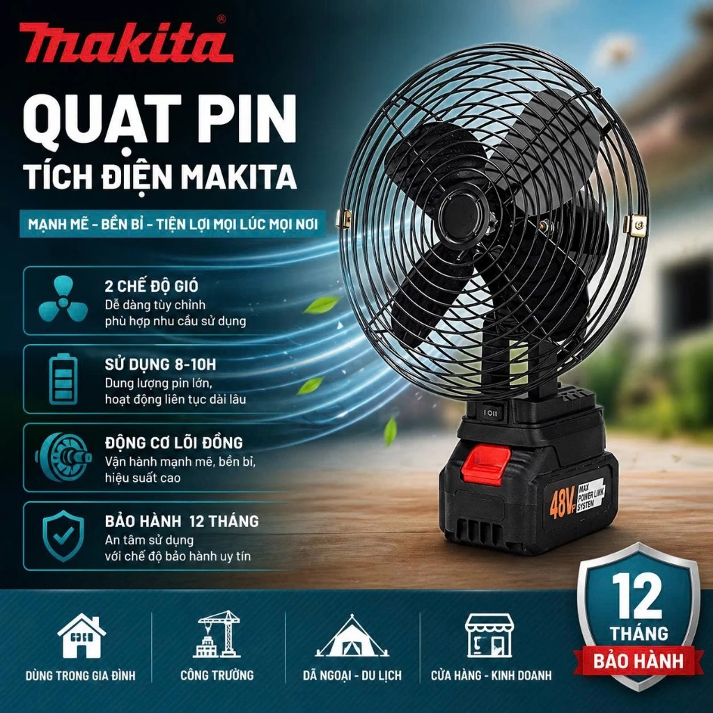 Quạt Tích Điện Mini Để Bàn Chạy Pin MAKITA, Quạt Để Bàn Công Suất Lớn, Làm Mát Cực Nhanh, Hoạt Động Mạnh Mẽ, Bền Bỉ