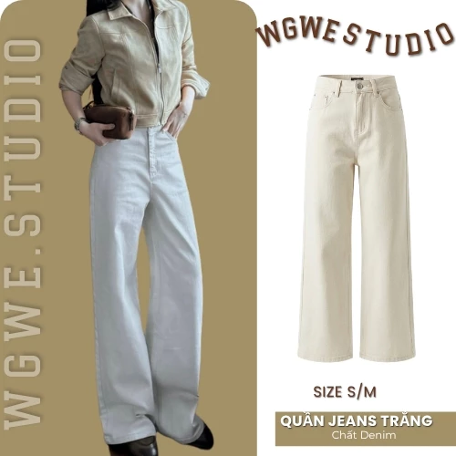 WGWE Quần Jeans Nữ Trắng Kem 7919 Ống Suông Lưng Cao – Basic Hàn Quốc, Tôn Dáng Thanh Lịch