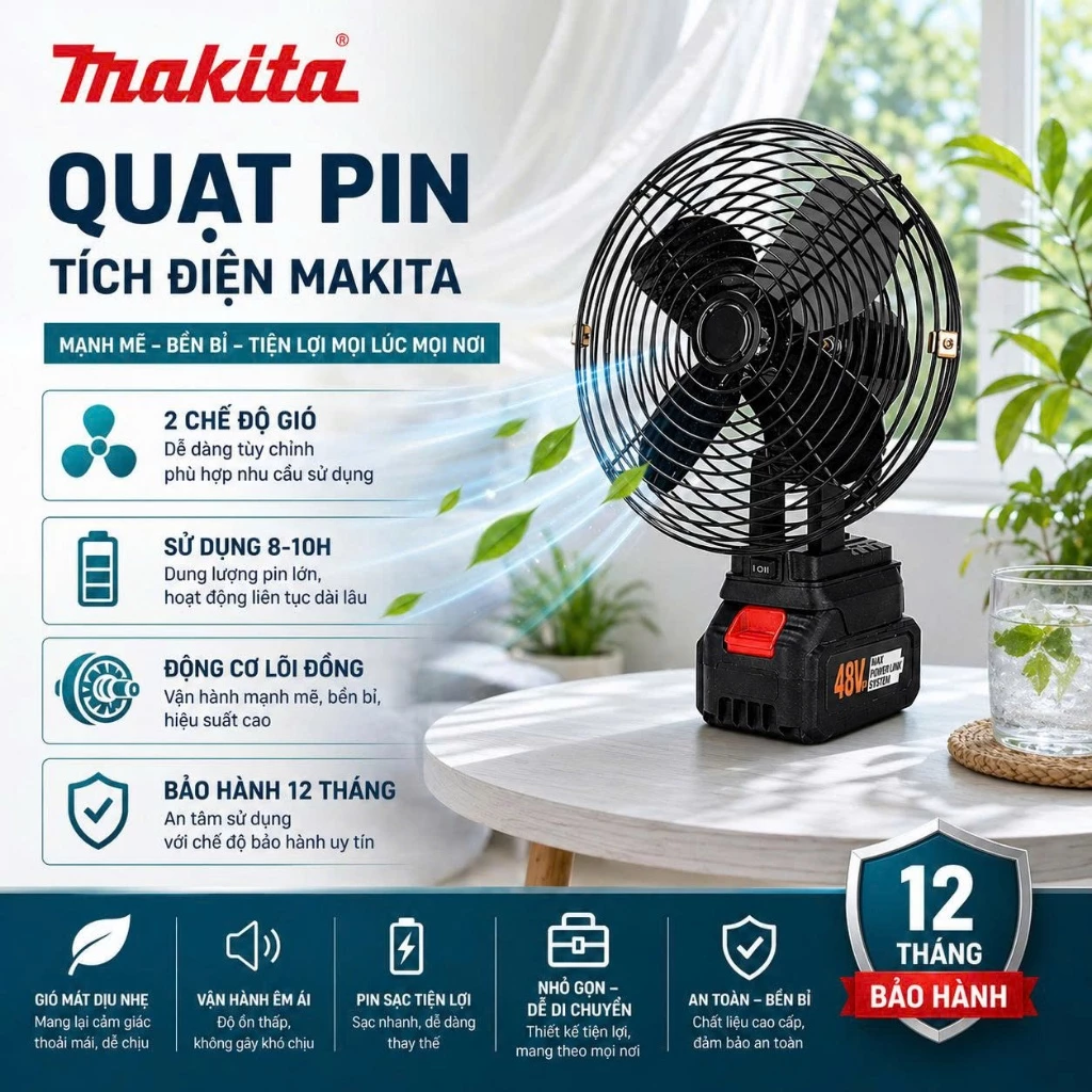 Quạt Tích Điện Chạy Pin MAKITA, Quạt Tích Điện Để Bàn 8 Inch Công Suất Lớn, Làm Mát Cực Nhanh, Hoạt Động Bền Bỉ
