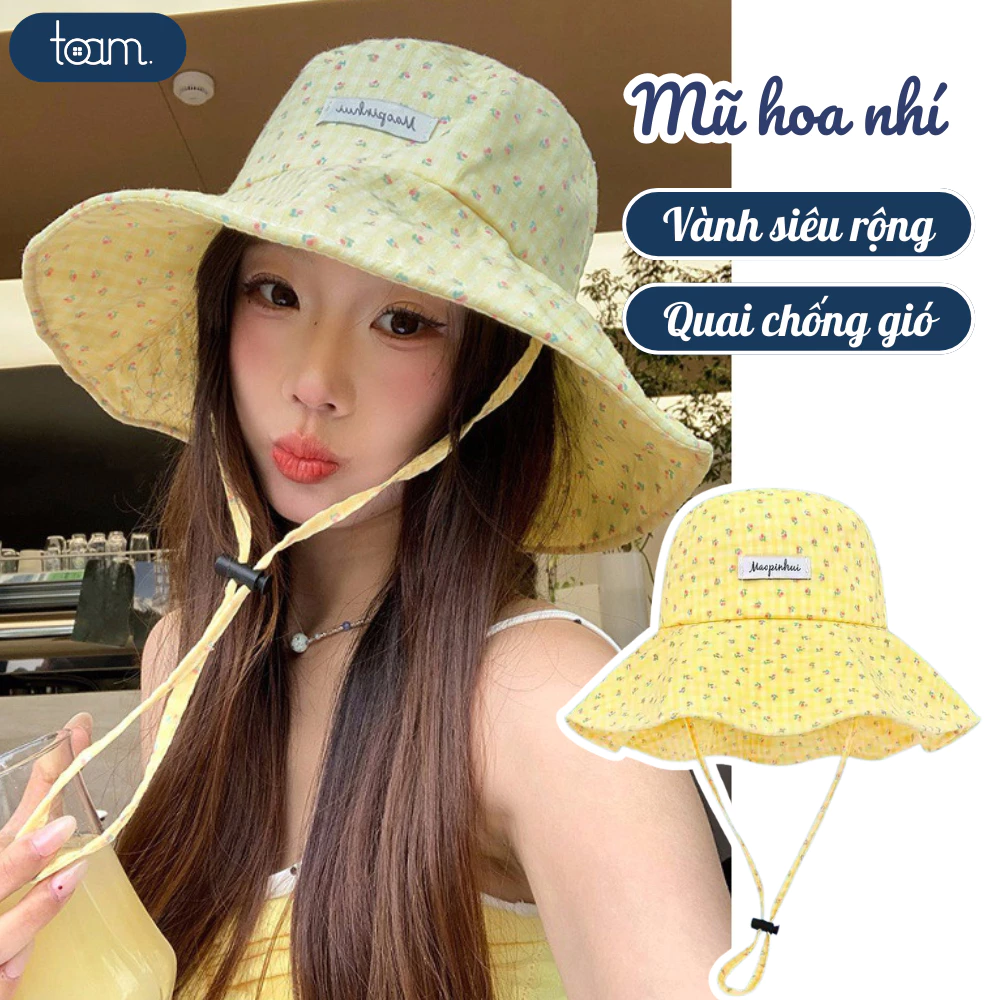 Mũ Hoa Nhí Vành Rộng Mùa Hè Có Dây Buộc Chống Gió, Vải Thoáng Mát Màu Sắc Pastel