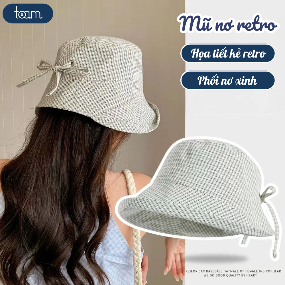 Mũ Bucket TOAM Kẻ Caro Retro Phối Nơ Xinh Xắn Phong Cách Tiểu Thư Thời Trang Mùa Hè Unisex