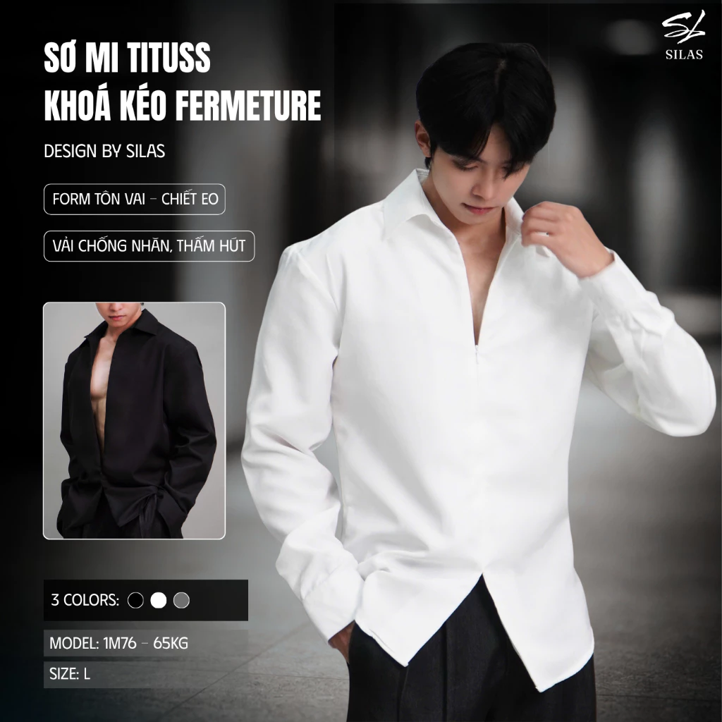 (Deal Mở Bán) Áo Sơ Mi SILAS Tituss Khóa Kéo Fermeture Giọt Nước Cổ Bẻ Form Rộng -  ASLR02