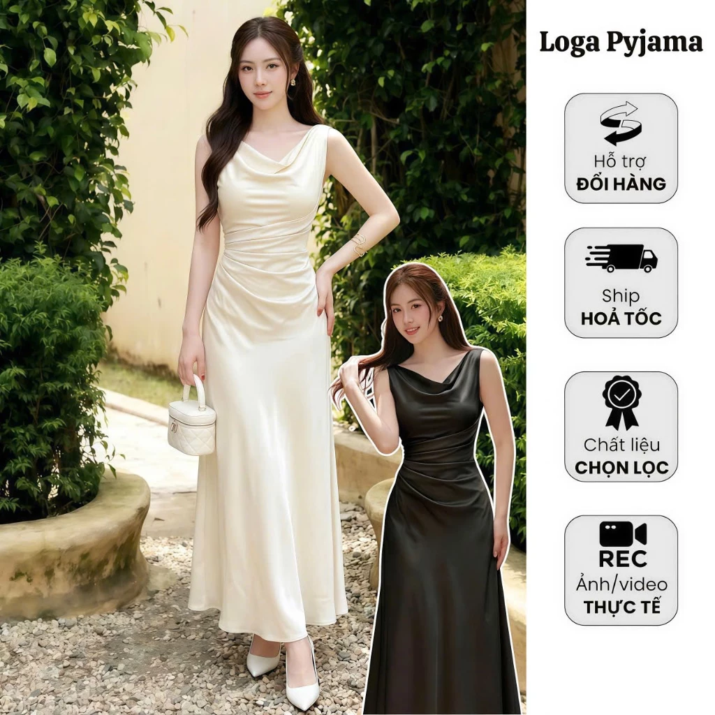 Đầm lụa dự tiệc dáng dài lệch vai dáng dài màu kem, váy lụa dự tiệc sang chảnh Logastore_L196