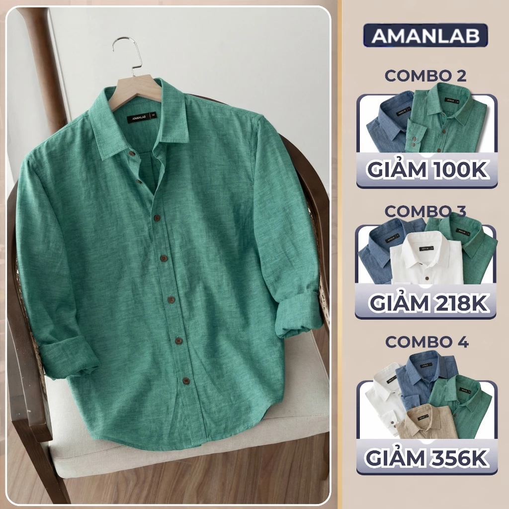 Áo sơ mi nam dài tay chất vải linen sợi sồi, thoáng mát. form regular thoải mái WOOD BUTTON  AMANLAB