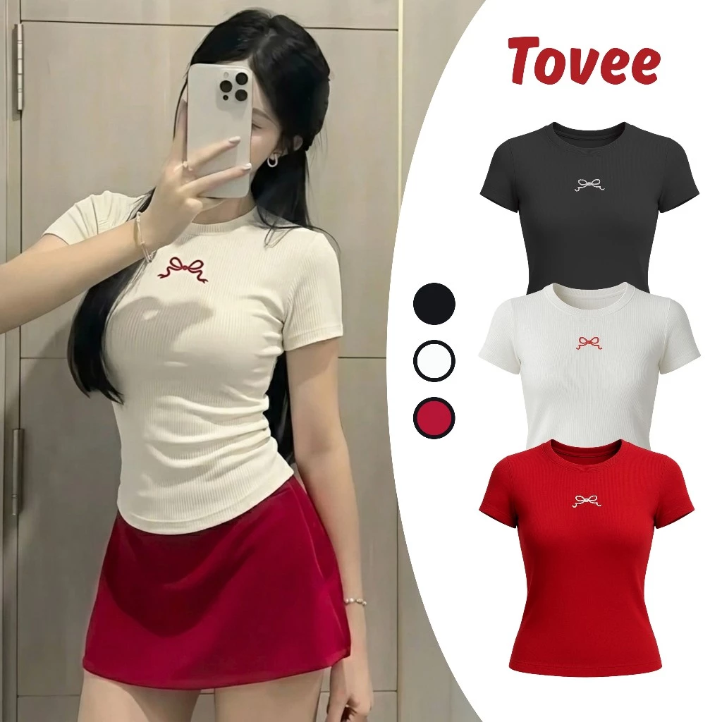 Áo Thun TAY NGẮN CỔ TRÒN THÊU NƠ DÁNG DÀI Nữ DD40, Áo BabyTee Chất Thun Gân Ôm Body Tôn Dáng Đẹp TOVEE