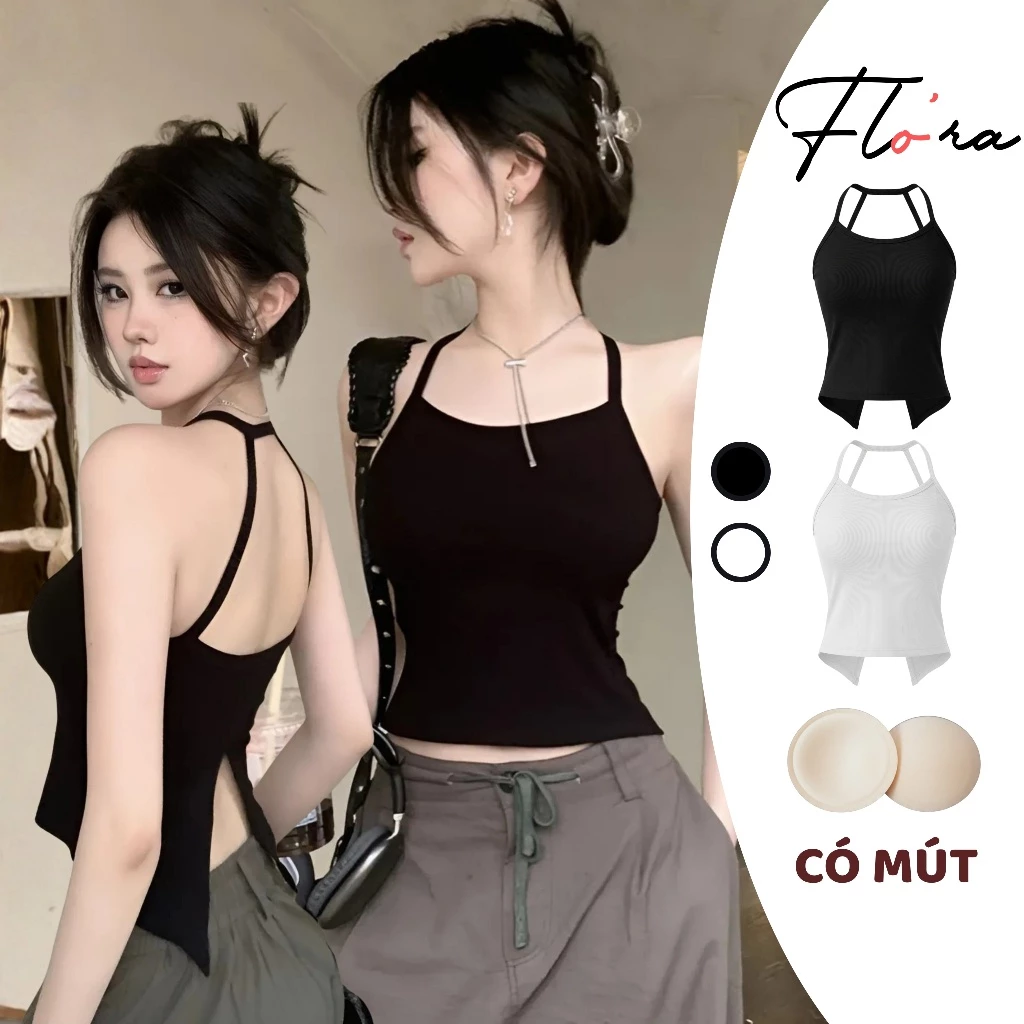 Áo Croptop CỔ YẾM XẺ LƯNG Ôm Cổ Có Mút Ngực Vạt Lưng Nhọn CR56, Áo Thun Nữ Hai Dây Ôm Body Flo'ra