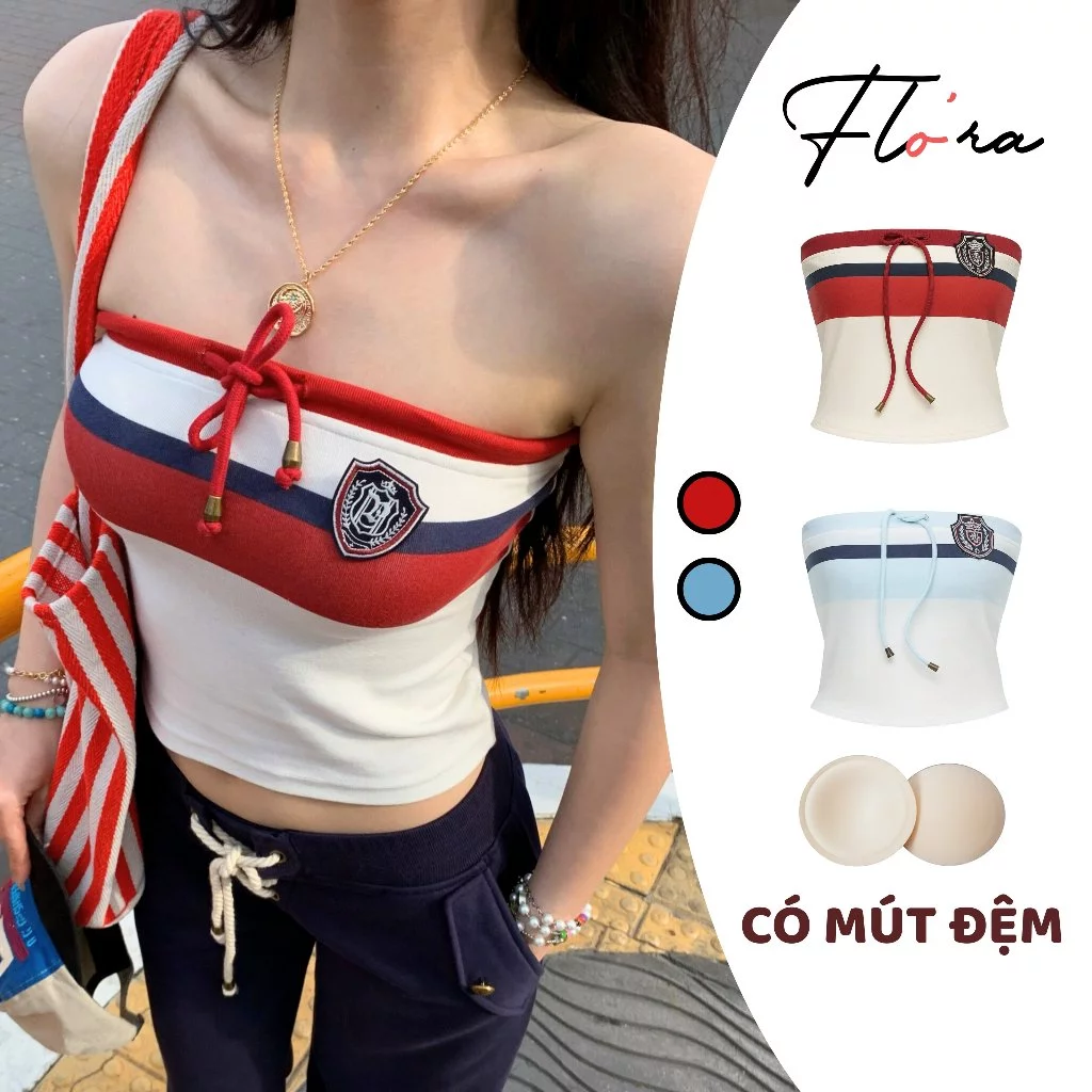 [XẢ HÀNG] Áo ỐNG SỌC NGANG Thun Borip Logo Thêu Có Mút Ngực BM243, Áo Thun Quây Nữ Nhún Sườn Phối Dây Thắt Nơ Flo'ra