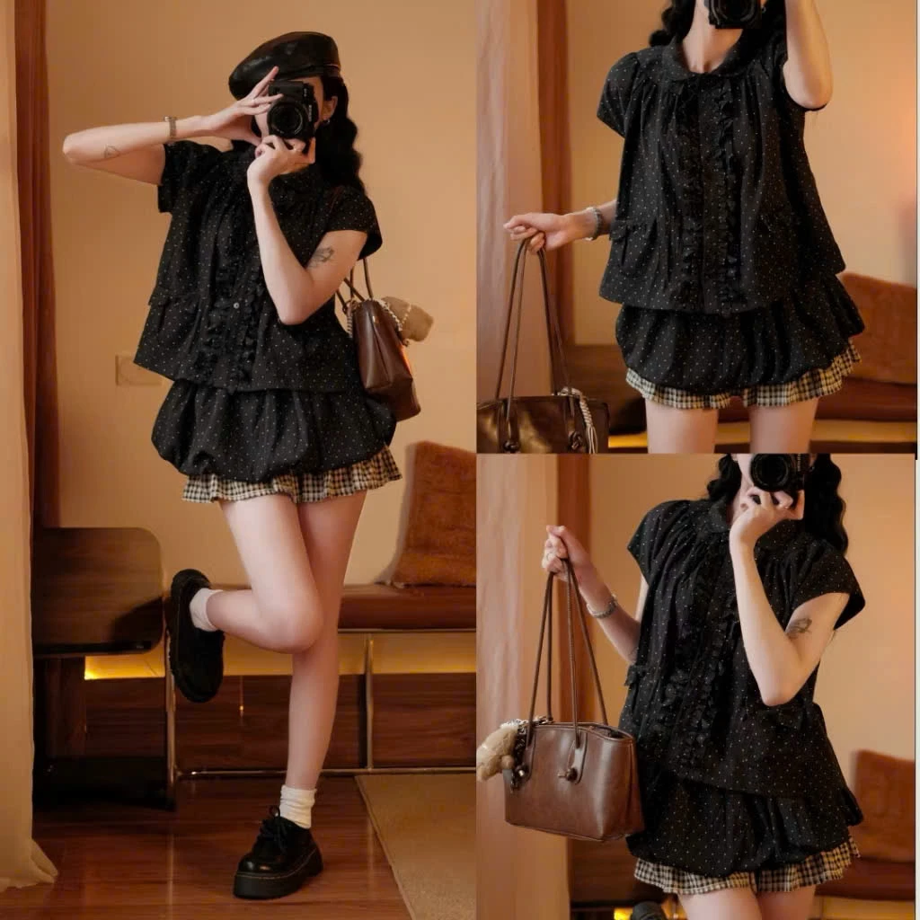 Set Áo Babydoll Chấm Bi Nữ Mix Chân Váy Bí Dáng Xinh Đi Chơi Đi Dạo Maia 2050