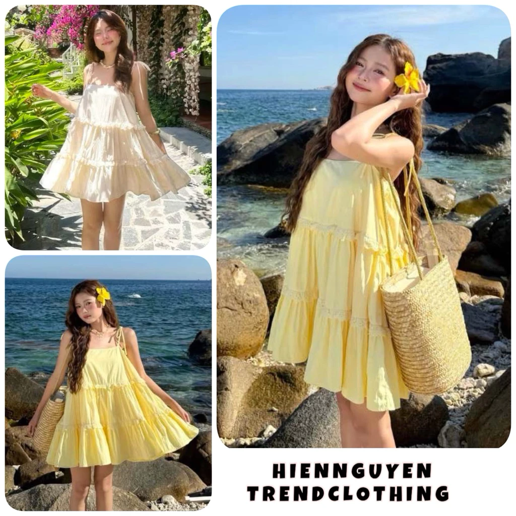 Váy 2 Dây Buộc Nơ Mặc Đi Biển  . Đầm Đũi 3 Tầng , Babydoll Bánh Bèo Tiểu Thư Ulzzang