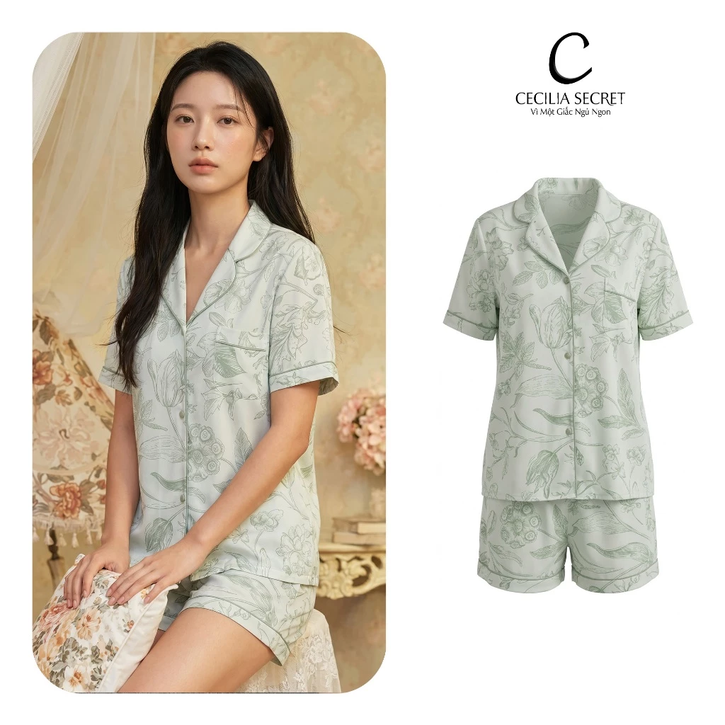 Đồ bộ nữ Celicia Pijama lụa Pháp cao cấp tay ngắn quần cọc họa tiết hoa thanh lịch