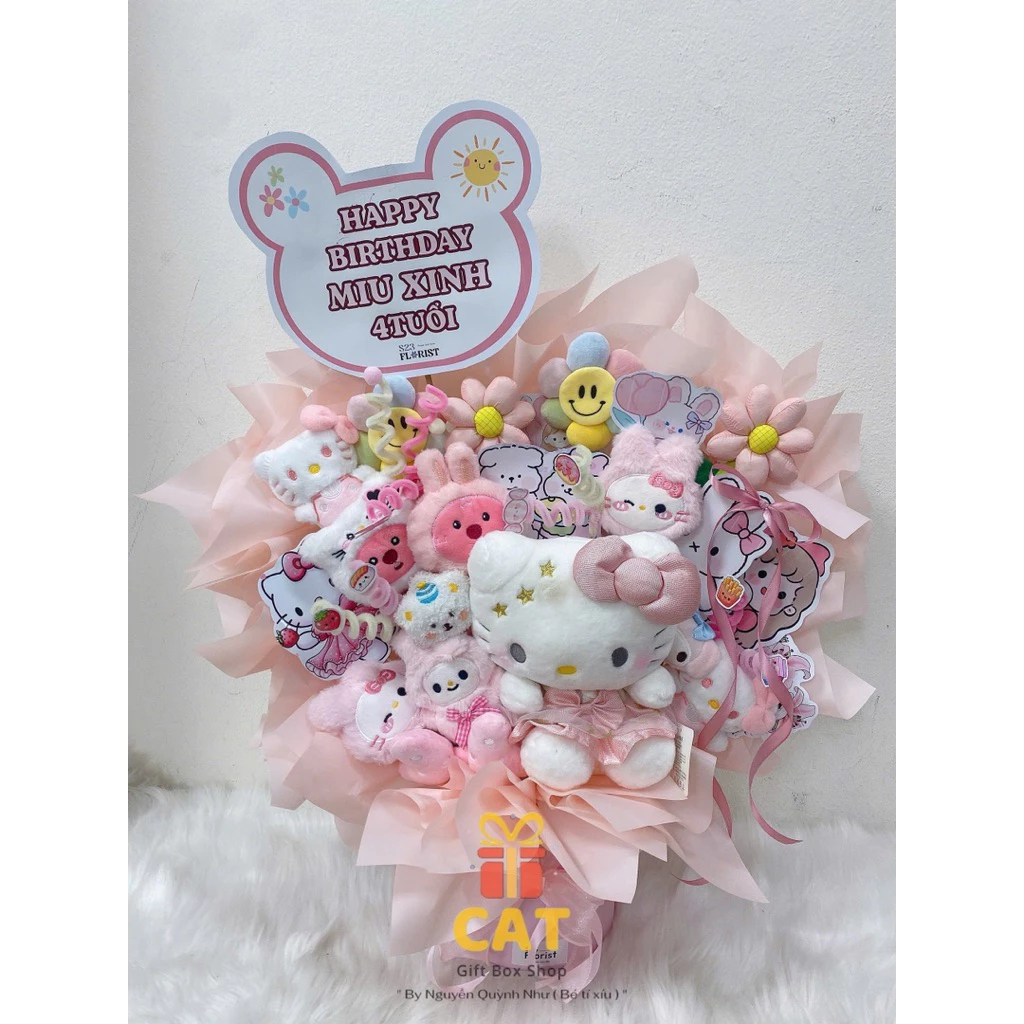 Set quà sinh nhật mèo dễ thương phong cách Hello Kitty kèm gấu bông + bánh kẹo trang trí, lẵng bánh kẹo màu hồng