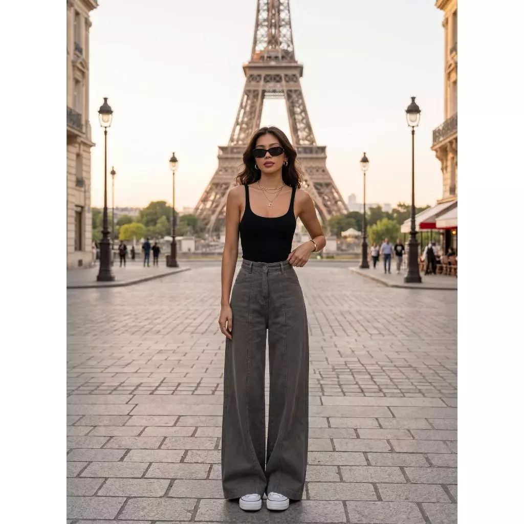 Quần Jeans Nữ Ống Rộng Cạp Cao, Màu Wash Thời Trang Mặc Đi Học Đi Làm Đi Chơi