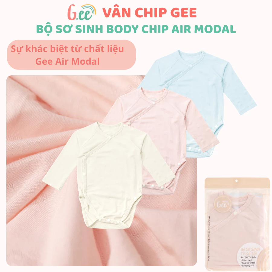 Bộ body chip Gee cho bé sơ sinh, vải gỗ sồi air modal mềm mại thoáng mát êm da bé.