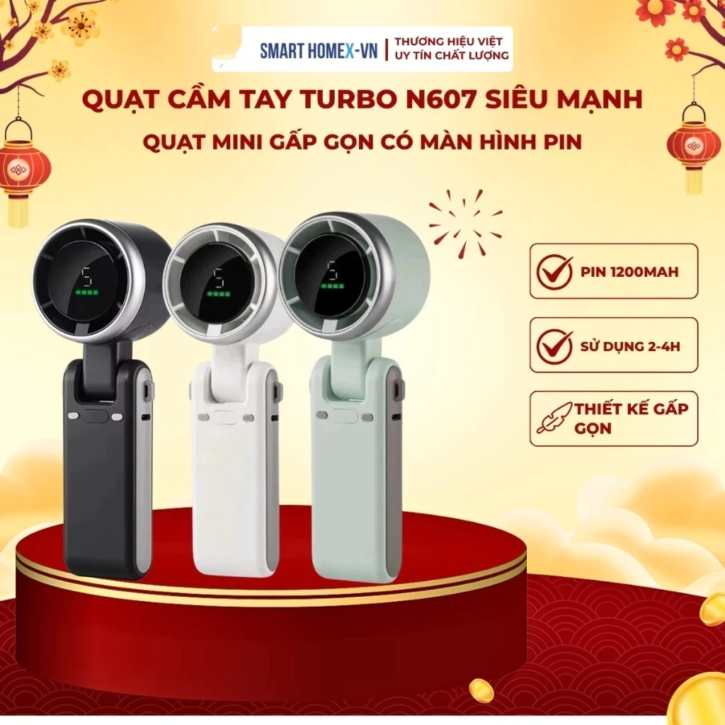 Quạt Cầm Tay Turbo N607 Siêu Mạnh, Có Màn Hình Pin, Gấp Gọn, Pin 1200mAh, Sử Dụng 2-4h, Thương Hiệu Việt Nam