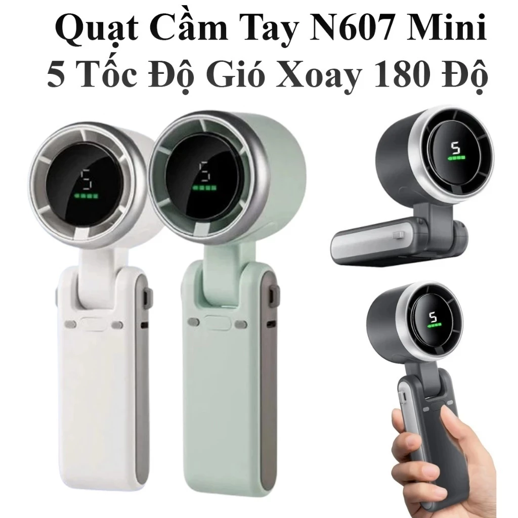 Thương Hiệu Việt Uy Tín | Quạt Cầm Tay Turbo N607 Siêu Mạnh, Có Màn Hình Pin, Gấp Gọn, Dùng Đi Học Đi Làm